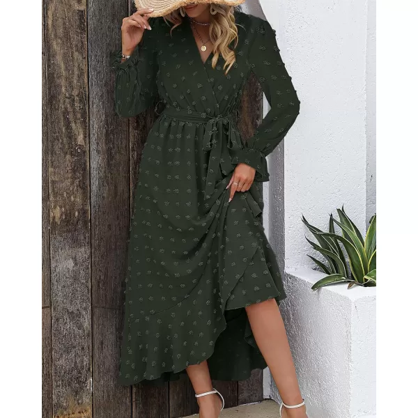 imageBTFBM Womens Boho Cocktail Maxi Dress 2023 Fall Fashion V Neck Swiss Dot Long Sleeve Flowy Slit Wedding Party DressesSwiss Dot Army Green
