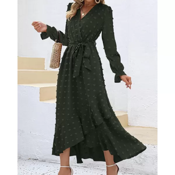 imageBTFBM Womens Boho Cocktail Maxi Dress 2023 Fall Fashion V Neck Swiss Dot Long Sleeve Flowy Slit Wedding Party DressesSwiss Dot Army Green