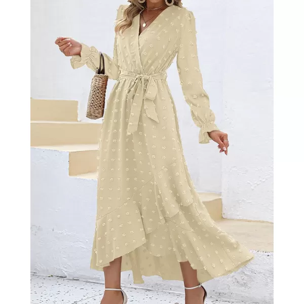 imageBTFBM Womens Boho Cocktail Maxi Dress 2023 Fall Fashion V Neck Swiss Dot Long Sleeve Flowy Slit Wedding Party DressesSwiss Dot Beige