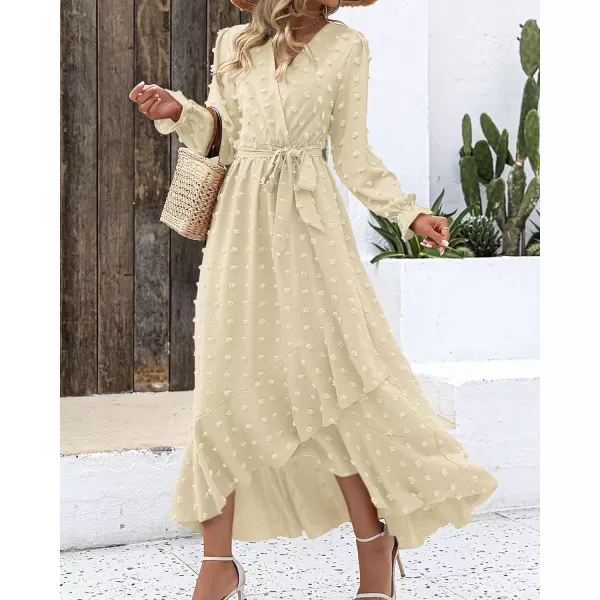 imageBTFBM Womens Boho Cocktail Maxi Dress 2023 Fall Fashion V Neck Swiss Dot Long Sleeve Flowy Slit Wedding Party DressesSwiss Dot Beige