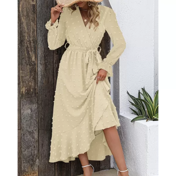 imageBTFBM Womens Boho Cocktail Maxi Dress 2023 Fall Fashion V Neck Swiss Dot Long Sleeve Flowy Slit Wedding Party DressesSwiss Dot Beige