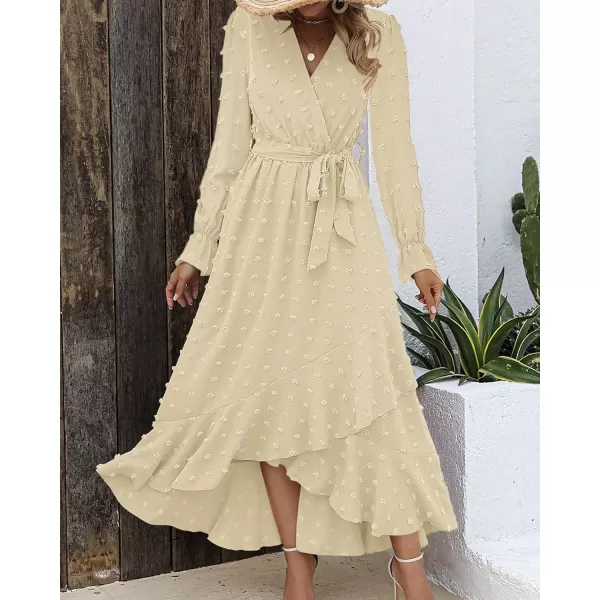imageBTFBM Womens Boho Cocktail Maxi Dress 2023 Fall Fashion V Neck Swiss Dot Long Sleeve Flowy Slit Wedding Party DressesSwiss Dot Beige