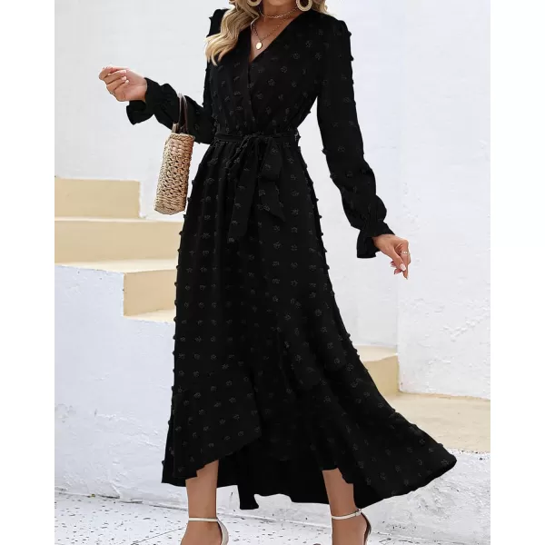 imageBTFBM Womens Boho Cocktail Maxi Dress 2023 Fall Fashion V Neck Swiss Dot Long Sleeve Flowy Slit Wedding Party DressesSwiss Dot Black