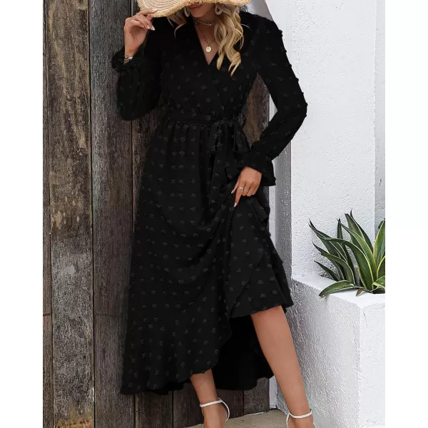 imageBTFBM Womens Boho Cocktail Maxi Dress 2023 Fall Fashion V Neck Swiss Dot Long Sleeve Flowy Slit Wedding Party DressesSwiss Dot Black