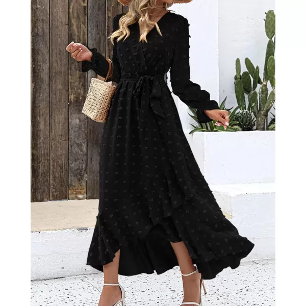 imageBTFBM Womens Boho Cocktail Maxi Dress 2023 Fall Fashion V Neck Swiss Dot Long Sleeve Flowy Slit Wedding Party DressesSwiss Dot Black