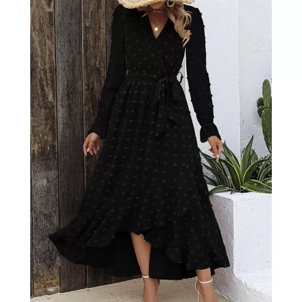 imageBTFBM Womens Boho Cocktail Maxi Dress 2023 Fall Fashion V Neck Swiss Dot Long Sleeve Flowy Slit Wedding Party DressesSwiss Dot Black