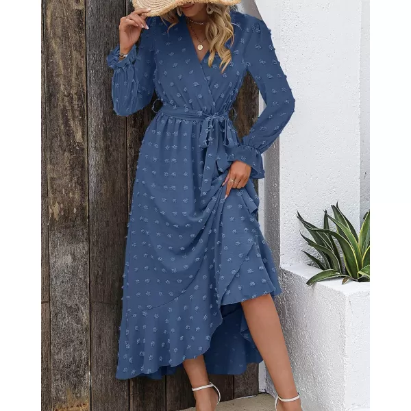 imageBTFBM Womens Boho Cocktail Maxi Dress 2023 Fall Fashion V Neck Swiss Dot Long Sleeve Flowy Slit Wedding Party DressesSwiss Dot Blue