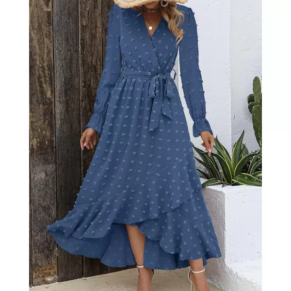 imageBTFBM Womens Boho Cocktail Maxi Dress 2023 Fall Fashion V Neck Swiss Dot Long Sleeve Flowy Slit Wedding Party DressesSwiss Dot Blue