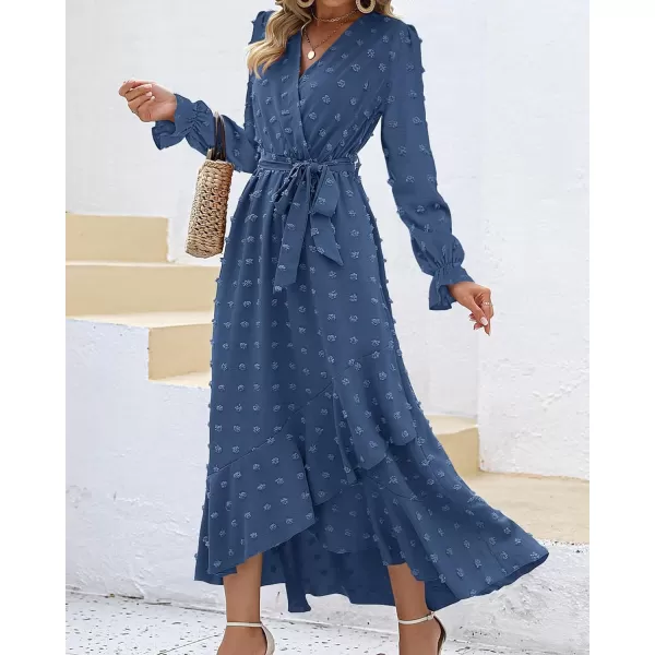 imageBTFBM Womens Boho Cocktail Maxi Dress 2023 Fall Fashion V Neck Swiss Dot Long Sleeve Flowy Slit Wedding Party DressesSwiss Dot Blue