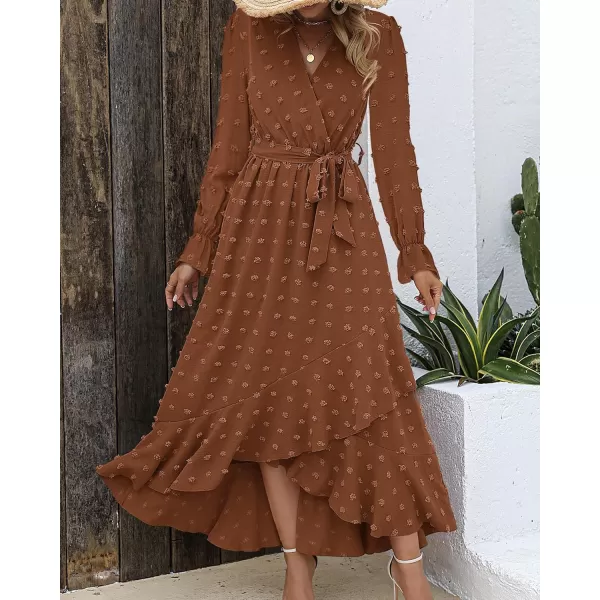 imageBTFBM Womens Boho Cocktail Maxi Dress 2023 Fall Fashion V Neck Swiss Dot Long Sleeve Flowy Slit Wedding Party DressesSwiss Dot Brown