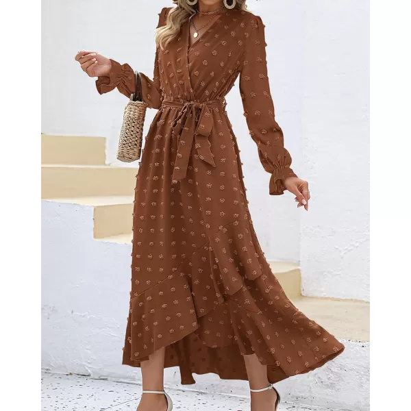 imageBTFBM Womens Boho Cocktail Maxi Dress 2023 Fall Fashion V Neck Swiss Dot Long Sleeve Flowy Slit Wedding Party DressesSwiss Dot Brown