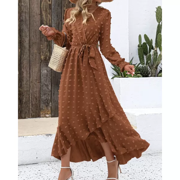 imageBTFBM Womens Boho Cocktail Maxi Dress 2023 Fall Fashion V Neck Swiss Dot Long Sleeve Flowy Slit Wedding Party DressesSwiss Dot Brown