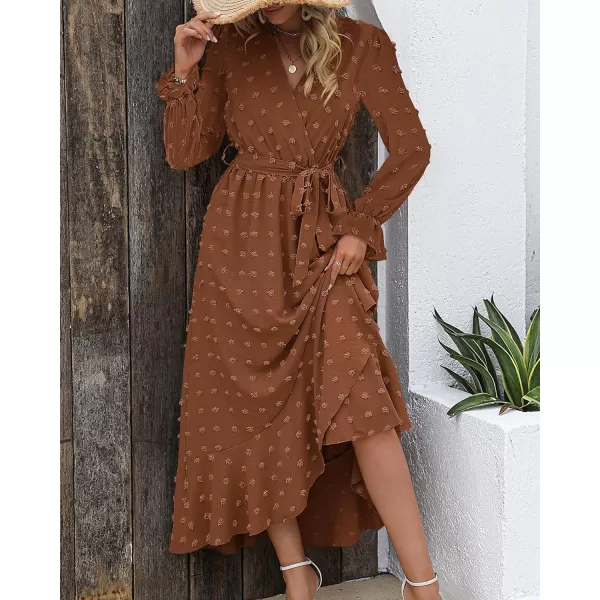 imageBTFBM Womens Boho Cocktail Maxi Dress 2023 Fall Fashion V Neck Swiss Dot Long Sleeve Flowy Slit Wedding Party DressesSwiss Dot Brown