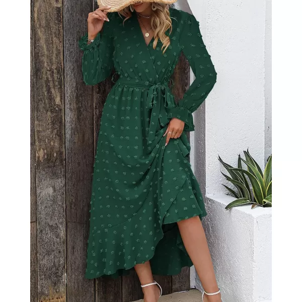 imageBTFBM Womens Boho Cocktail Maxi Dress 2023 Fall Fashion V Neck Swiss Dot Long Sleeve Flowy Slit Wedding Party DressesSwiss Dot Dark Green