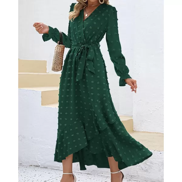 imageBTFBM Womens Boho Cocktail Maxi Dress 2023 Fall Fashion V Neck Swiss Dot Long Sleeve Flowy Slit Wedding Party DressesSwiss Dot Dark Green