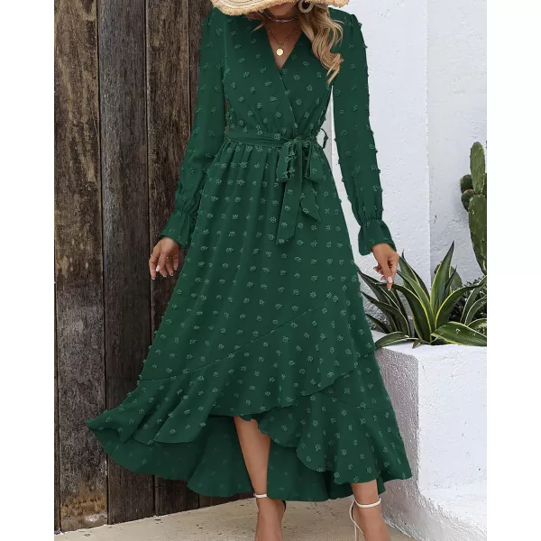 imageBTFBM Womens Boho Cocktail Maxi Dress 2023 Fall Fashion V Neck Swiss Dot Long Sleeve Flowy Slit Wedding Party DressesSwiss Dot Dark Green