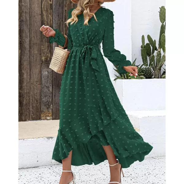 imageBTFBM Womens Boho Cocktail Maxi Dress 2023 Fall Fashion V Neck Swiss Dot Long Sleeve Flowy Slit Wedding Party DressesSwiss Dot Dark Green