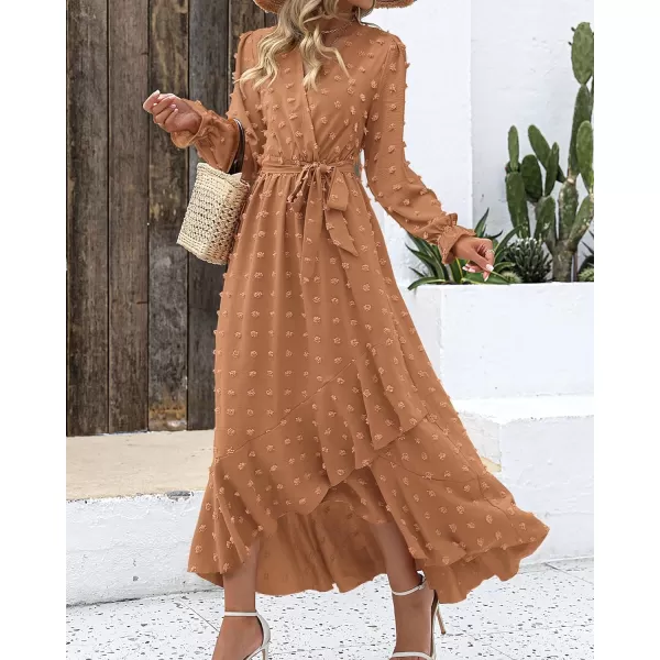 imageBTFBM Womens Boho Cocktail Maxi Dress 2023 Fall Fashion V Neck Swiss Dot Long Sleeve Flowy Slit Wedding Party DressesSwiss Dot Khaki