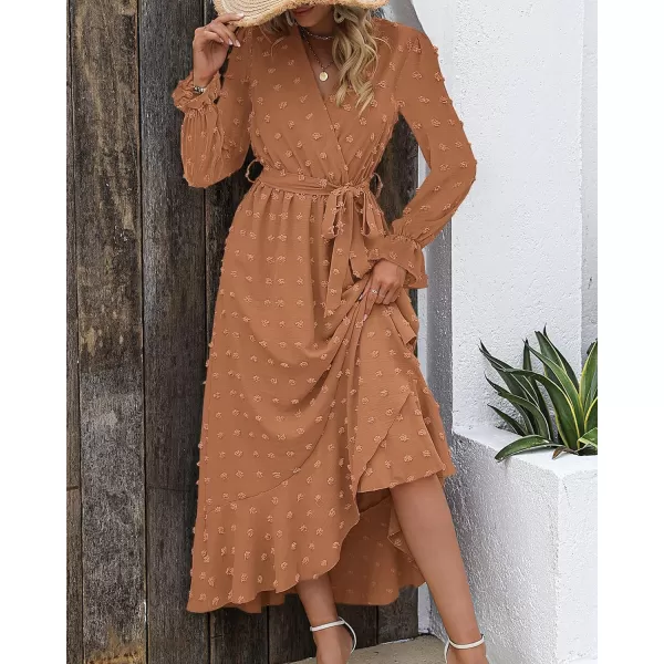imageBTFBM Womens Boho Cocktail Maxi Dress 2023 Fall Fashion V Neck Swiss Dot Long Sleeve Flowy Slit Wedding Party DressesSwiss Dot Khaki