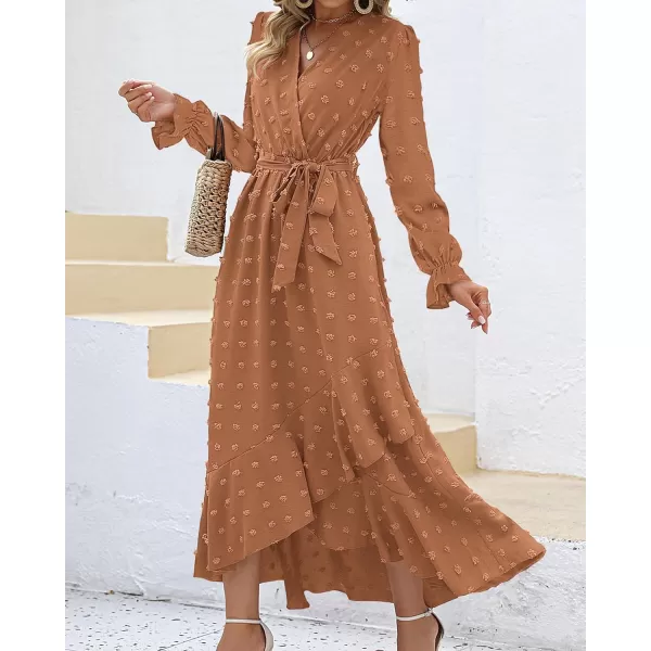imageBTFBM Womens Boho Cocktail Maxi Dress 2023 Fall Fashion V Neck Swiss Dot Long Sleeve Flowy Slit Wedding Party DressesSwiss Dot Khaki