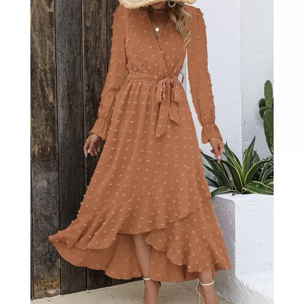 imageBTFBM Womens Boho Cocktail Maxi Dress 2023 Fall Fashion V Neck Swiss Dot Long Sleeve Flowy Slit Wedding Party DressesSwiss Dot Khaki