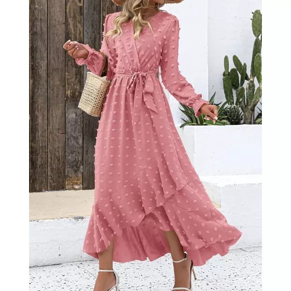 imageBTFBM Womens Boho Cocktail Maxi Dress 2023 Fall Fashion V Neck Swiss Dot Long Sleeve Flowy Slit Wedding Party DressesSwiss Dot Light Pink