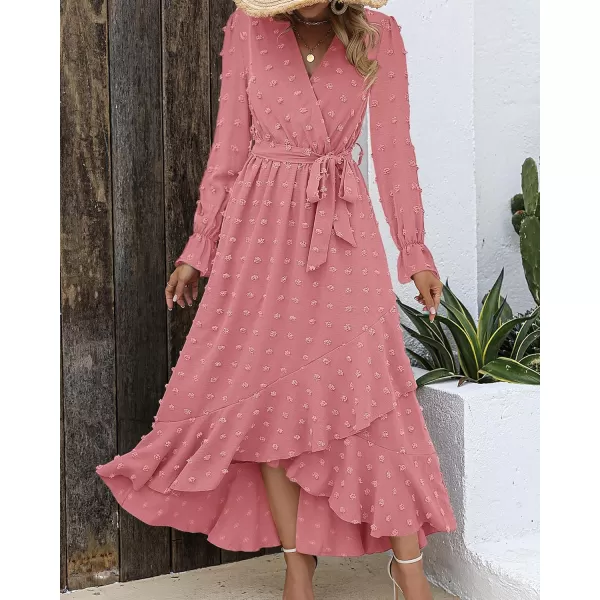 imageBTFBM Womens Boho Cocktail Maxi Dress 2023 Fall Fashion V Neck Swiss Dot Long Sleeve Flowy Slit Wedding Party DressesSwiss Dot Light Pink