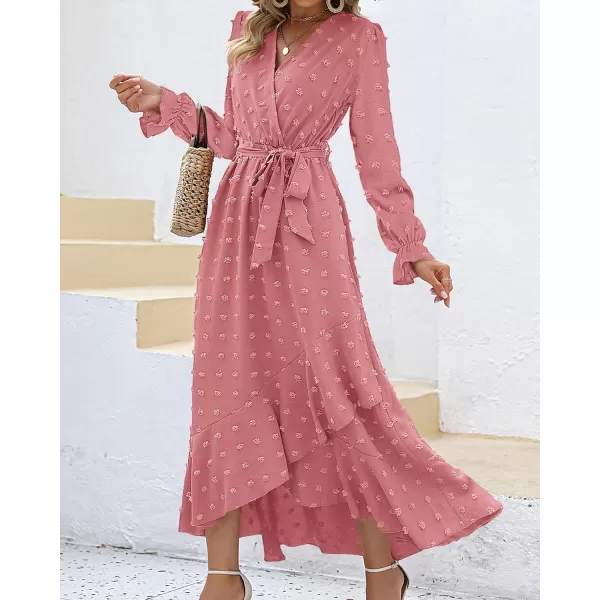 imageBTFBM Womens Boho Cocktail Maxi Dress 2023 Fall Fashion V Neck Swiss Dot Long Sleeve Flowy Slit Wedding Party DressesSwiss Dot Light Pink