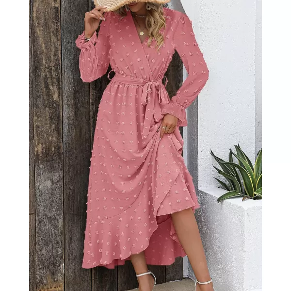 imageBTFBM Womens Boho Cocktail Maxi Dress 2023 Fall Fashion V Neck Swiss Dot Long Sleeve Flowy Slit Wedding Party DressesSwiss Dot Light Pink