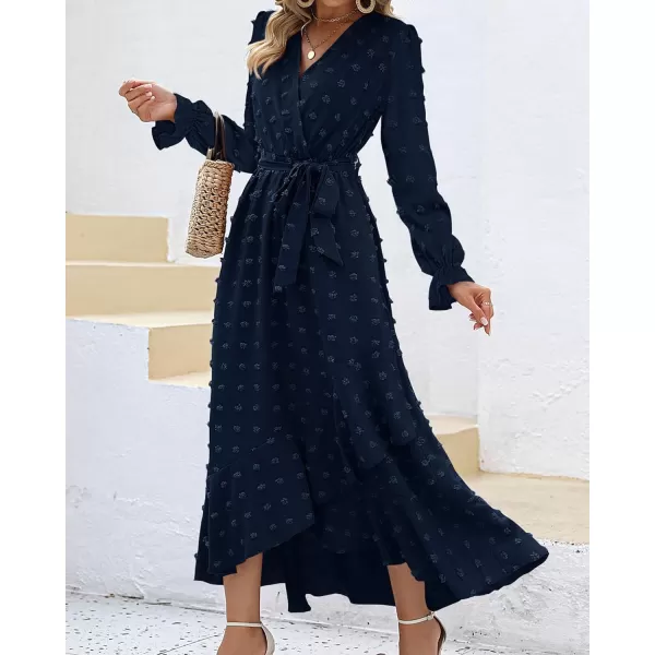 imageBTFBM Womens Boho Cocktail Maxi Dress 2023 Fall Fashion V Neck Swiss Dot Long Sleeve Flowy Slit Wedding Party DressesSwiss Dot Navy