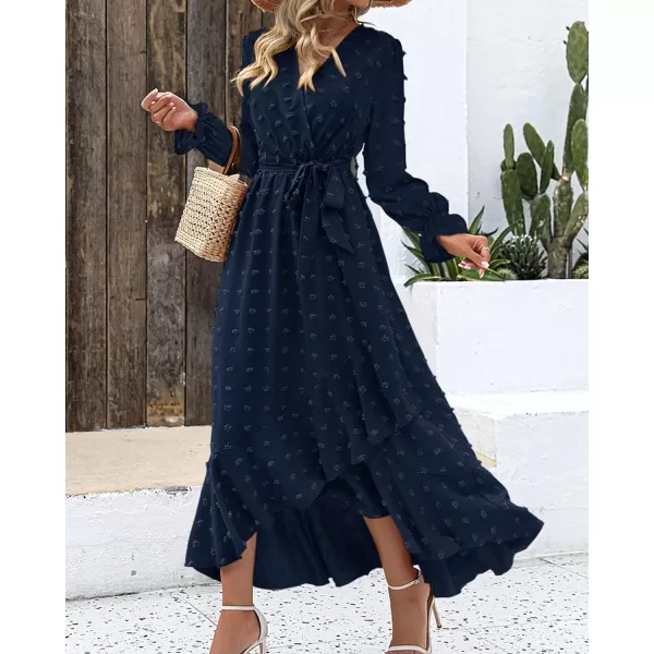 imageBTFBM Womens Boho Cocktail Maxi Dress 2023 Fall Fashion V Neck Swiss Dot Long Sleeve Flowy Slit Wedding Party DressesSwiss Dot Navy