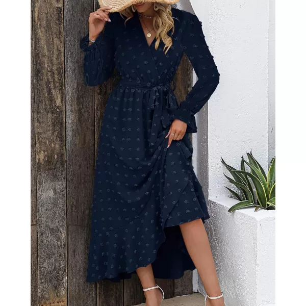 imageBTFBM Womens Boho Cocktail Maxi Dress 2023 Fall Fashion V Neck Swiss Dot Long Sleeve Flowy Slit Wedding Party DressesSwiss Dot Navy