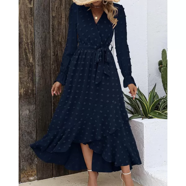 imageBTFBM Womens Boho Cocktail Maxi Dress 2023 Fall Fashion V Neck Swiss Dot Long Sleeve Flowy Slit Wedding Party DressesSwiss Dot Navy