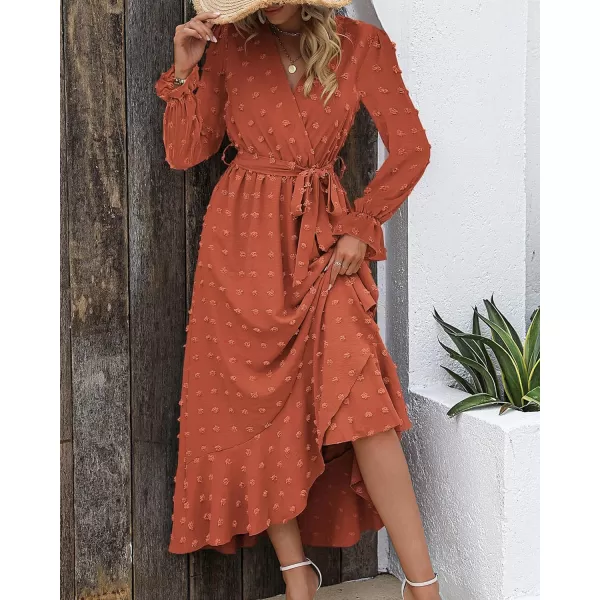 imageBTFBM Womens Boho Cocktail Maxi Dress 2023 Fall Fashion V Neck Swiss Dot Long Sleeve Flowy Slit Wedding Party DressesSwiss Dot Orange