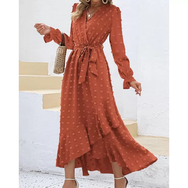 imageBTFBM Womens Boho Cocktail Maxi Dress 2023 Fall Fashion V Neck Swiss Dot Long Sleeve Flowy Slit Wedding Party DressesSwiss Dot Orange
