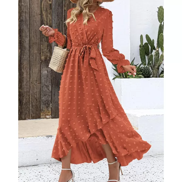 imageBTFBM Womens Boho Cocktail Maxi Dress 2023 Fall Fashion V Neck Swiss Dot Long Sleeve Flowy Slit Wedding Party DressesSwiss Dot Orange