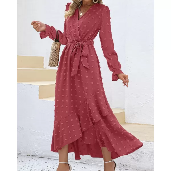 imageBTFBM Womens Boho Cocktail Maxi Dress 2023 Fall Fashion V Neck Swiss Dot Long Sleeve Flowy Slit Wedding Party DressesSwiss Dot Pink