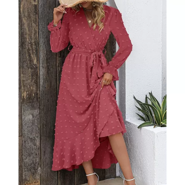 imageBTFBM Womens Boho Cocktail Maxi Dress 2023 Fall Fashion V Neck Swiss Dot Long Sleeve Flowy Slit Wedding Party DressesSwiss Dot Pink
