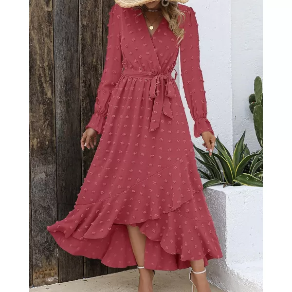 imageBTFBM Womens Boho Cocktail Maxi Dress 2023 Fall Fashion V Neck Swiss Dot Long Sleeve Flowy Slit Wedding Party DressesSwiss Dot Pink