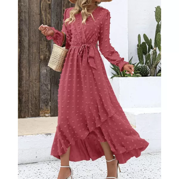 imageBTFBM Womens Boho Cocktail Maxi Dress 2023 Fall Fashion V Neck Swiss Dot Long Sleeve Flowy Slit Wedding Party DressesSwiss Dot Pink