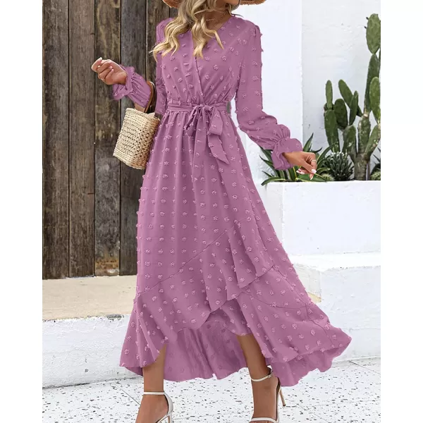 imageBTFBM Womens Boho Cocktail Maxi Dress 2023 Fall Fashion V Neck Swiss Dot Long Sleeve Flowy Slit Wedding Party DressesSwiss Dot Purple
