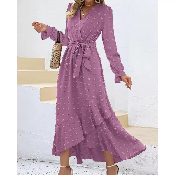 imageBTFBM Womens Boho Cocktail Maxi Dress 2023 Fall Fashion V Neck Swiss Dot Long Sleeve Flowy Slit Wedding Party DressesSwiss Dot Purple