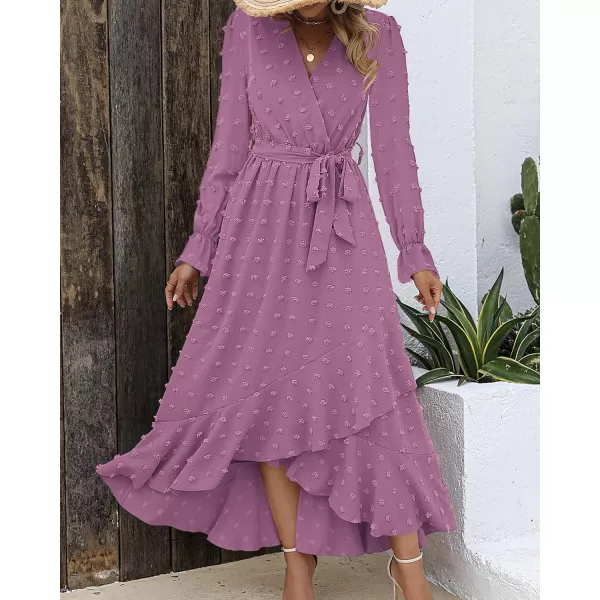 imageBTFBM Womens Boho Cocktail Maxi Dress 2023 Fall Fashion V Neck Swiss Dot Long Sleeve Flowy Slit Wedding Party DressesSwiss Dot Purple