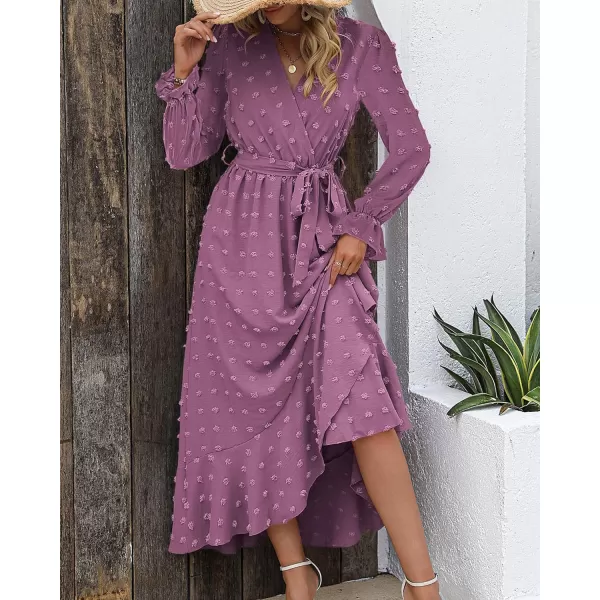 imageBTFBM Womens Boho Cocktail Maxi Dress 2023 Fall Fashion V Neck Swiss Dot Long Sleeve Flowy Slit Wedding Party DressesSwiss Dot Purple