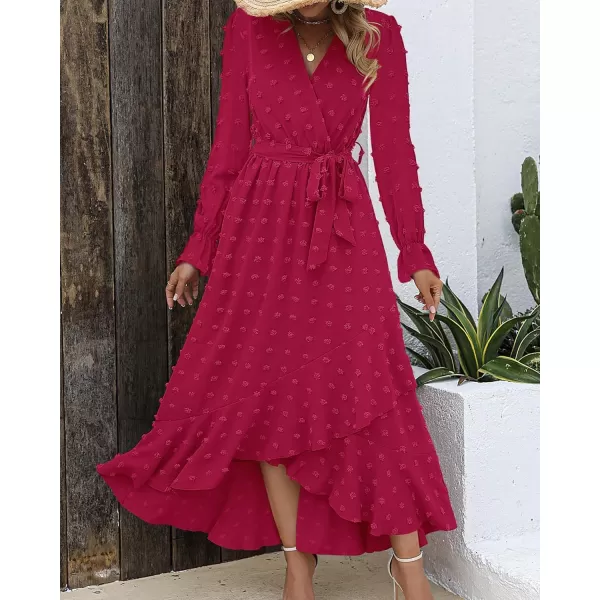 imageBTFBM Womens Boho Cocktail Maxi Dress 2023 Fall Fashion V Neck Swiss Dot Long Sleeve Flowy Slit Wedding Party DressesSwiss Dot Rose Red