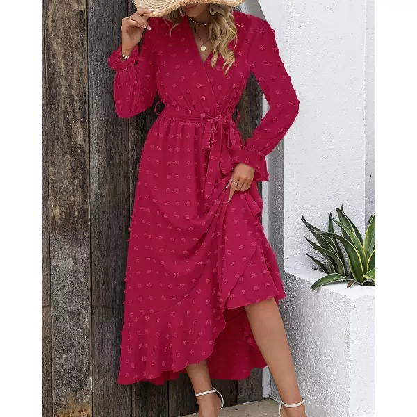 imageBTFBM Womens Boho Cocktail Maxi Dress 2023 Fall Fashion V Neck Swiss Dot Long Sleeve Flowy Slit Wedding Party DressesSwiss Dot Rose Red