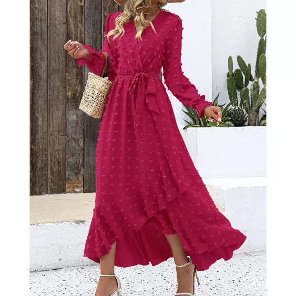 imageBTFBM Womens Boho Cocktail Maxi Dress 2023 Fall Fashion V Neck Swiss Dot Long Sleeve Flowy Slit Wedding Party DressesSwiss Dot Rose Red