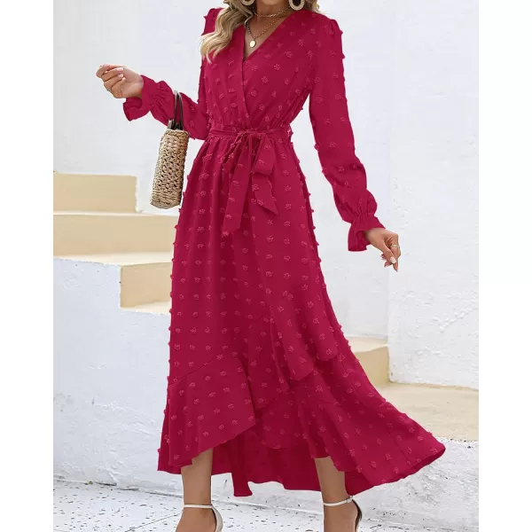 imageBTFBM Womens Boho Cocktail Maxi Dress 2023 Fall Fashion V Neck Swiss Dot Long Sleeve Flowy Slit Wedding Party DressesSwiss Dot Rose Red
