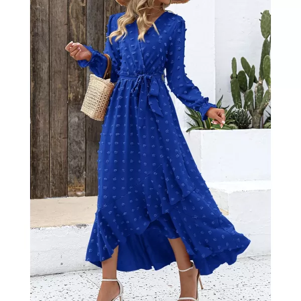 imageBTFBM Womens Boho Cocktail Maxi Dress 2023 Fall Fashion V Neck Swiss Dot Long Sleeve Flowy Slit Wedding Party DressesSwiss Dot Royal Blue