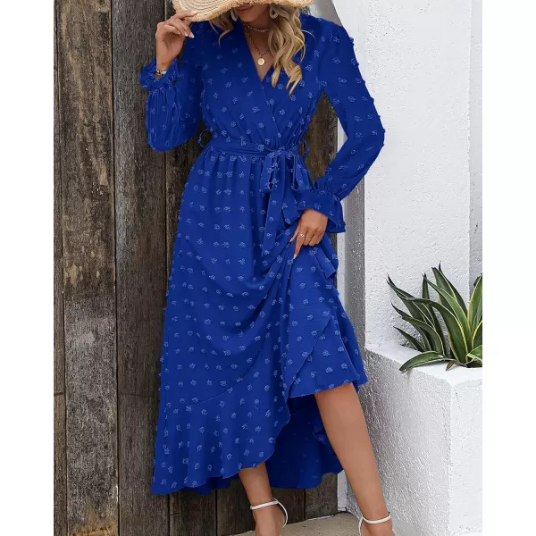 imageBTFBM Womens Boho Cocktail Maxi Dress 2023 Fall Fashion V Neck Swiss Dot Long Sleeve Flowy Slit Wedding Party DressesSwiss Dot Royal Blue